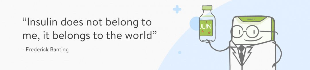 Illustration of Frederick Banting holding an insulin bottle 